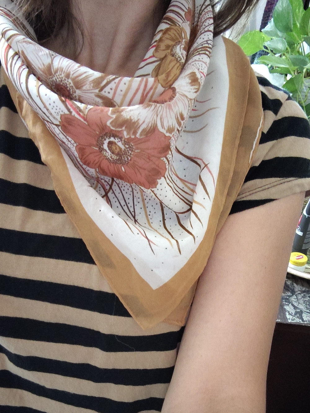 Vintage Floral Feather Print Square Scarf - White, Tan, Brown, Pink - Picture 2 of 8